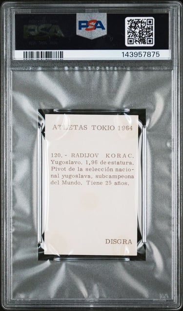 1964 Disgra Atletas Tokio No. 120 Radijov Korac Rookie Card Basketball HOF (back)