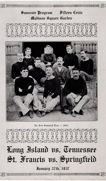 Cover photo of the 1st basketball team ever with James Naismith Long Island Tennessee Basketball