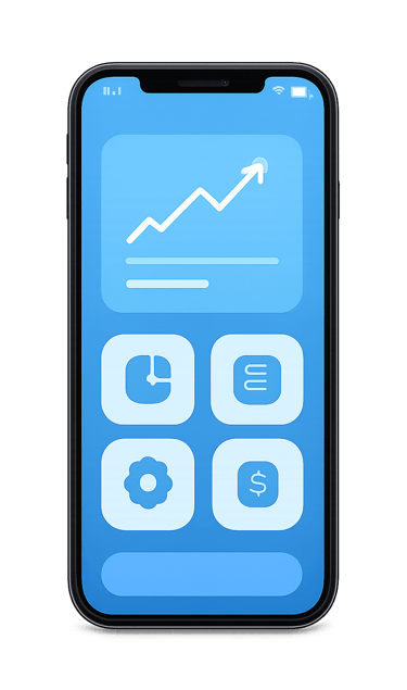 A modern smartphone mockup displaying a mobile app interface with various blue dashboard elements and service icons.