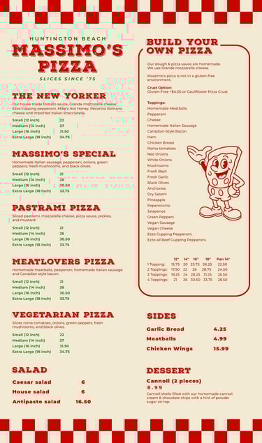 Massimo’s Pizza rebrand menu with specialty pizzas and sides.