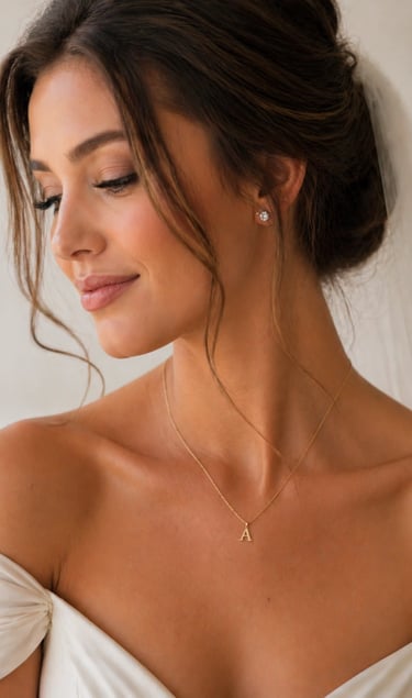 Bride wearing initial pendant necklace