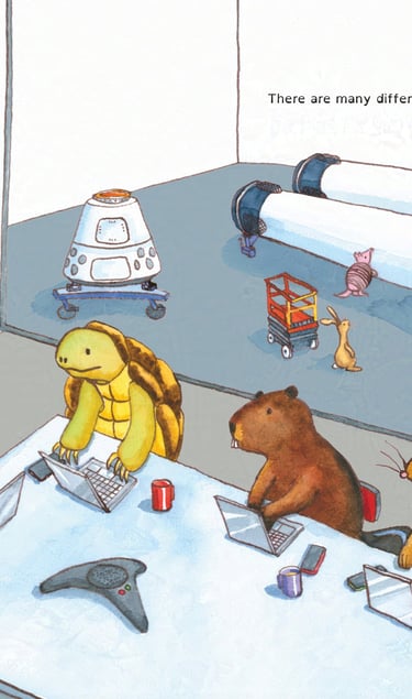 An engineering meeting in a rocket factory with animal engineers.