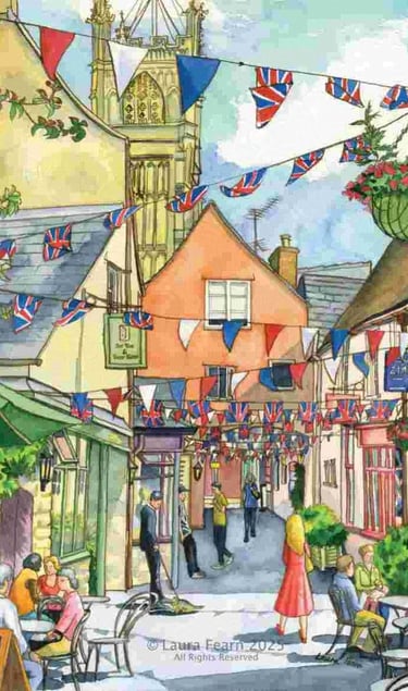 A bright colourful painting of Swan Yard in Cirencester with jolly bunting, painted by Laura Fearn.