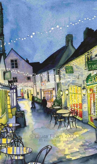 A colourful night time scene of Swan yard in cirencester, painted by Laura Fearn.