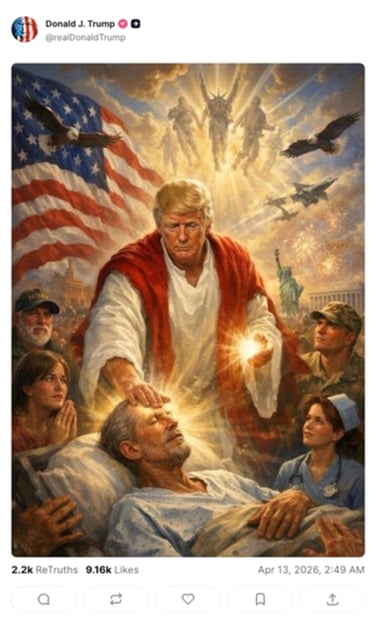 Donald Trump depicted as a healer in patriotic art with an American flag, eagles, and soldiers.