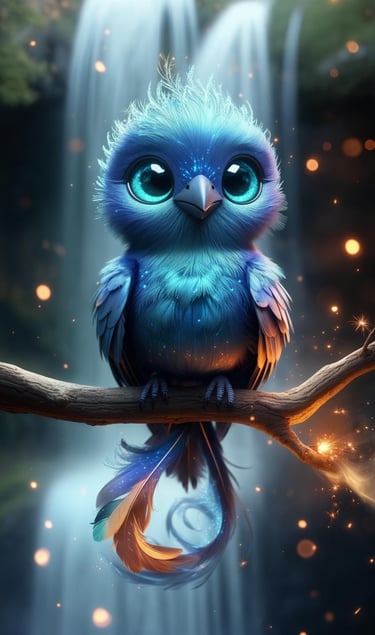 Blue glowing bird perched on a branch near waterfalls.