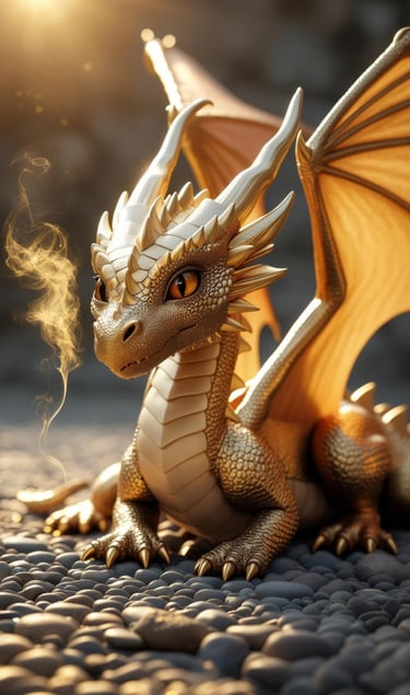 Golden baby dragon exhaling warm smoke in sunlight