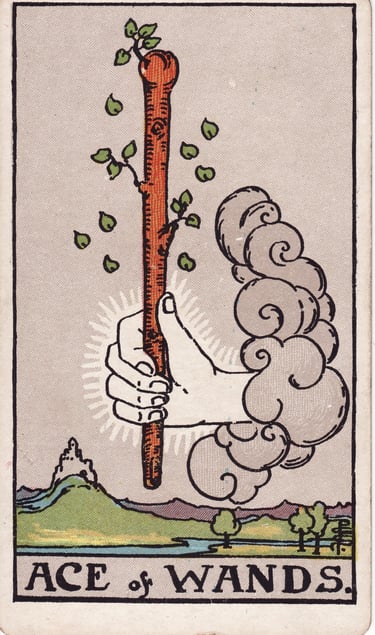 Ace of Wands Tarot Card Meaning – Tarot image showing new beginnings, inspiration, creativity, and p