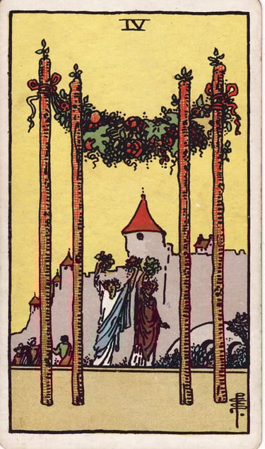 Four of Wands Tarot Card Meaning – Celebration and harmony tarot card image with joyful homecoming e
