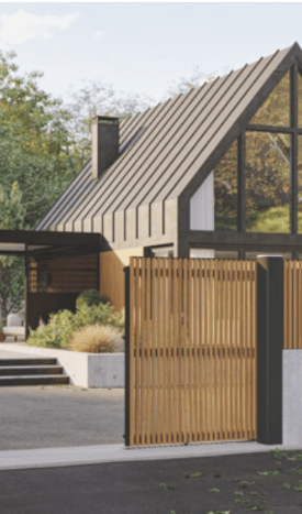 vue d'ensemble d'une entrée de portail moderne en bois et acier avec une maison moderne
