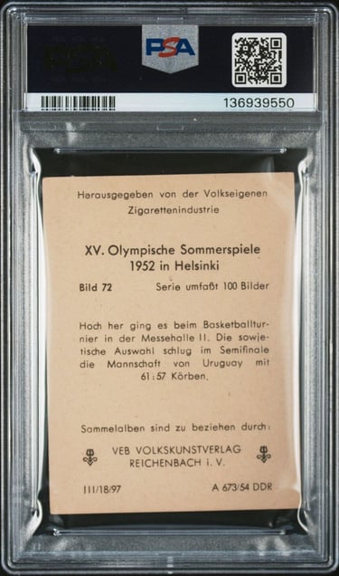 1954 Veb Vokskunstverlag XV Olympische Sommerspiele No 72 USSR vs Uruguay Basketball Card (back)