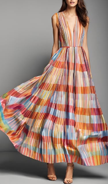 a woman in a colorful stripes dress with a colorful dress