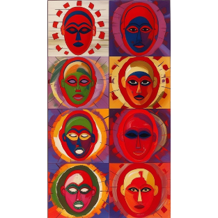 a group of six different colored masks of different colors