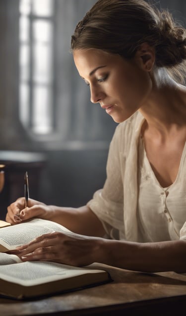 a woman studying a bible at a table