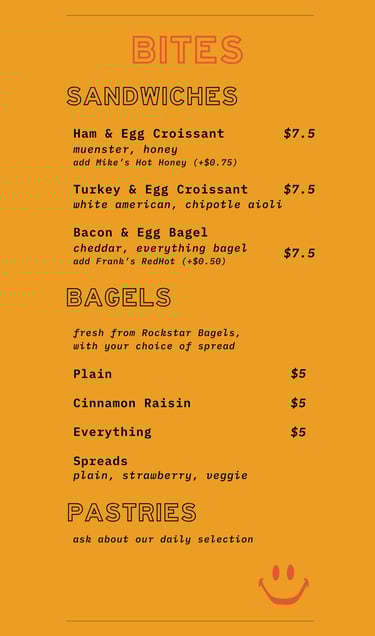 Food menu includes bagels and croissant breakfast sandwhiches