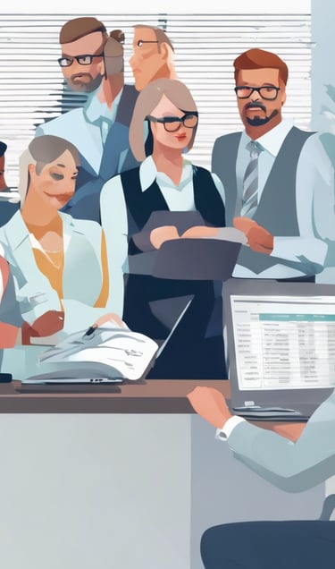 Business team illustration in blue and green colours.