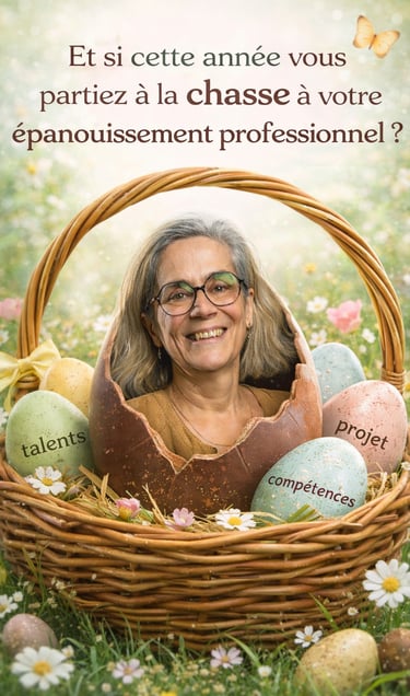 Femme qui sourit dans un oeuf dans un panier avec des oeufs talents projet compétences