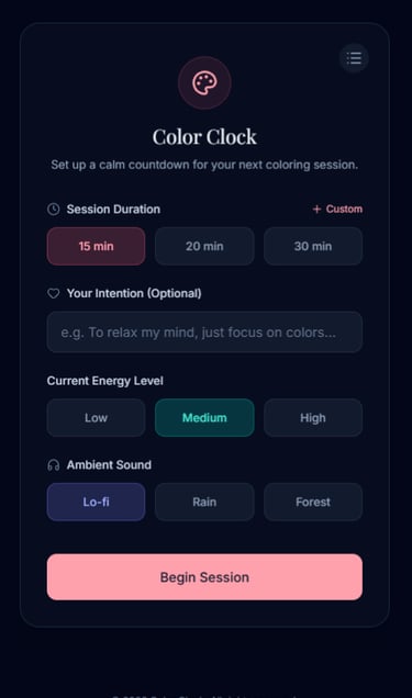 first screen of a web app called Color Clock, a meditative coloring timer for coloring enthusiasts