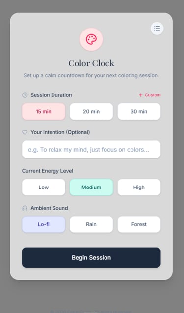 first screen of a web app called Color Clock, a meditative coloring timer for coloring enthusiasts