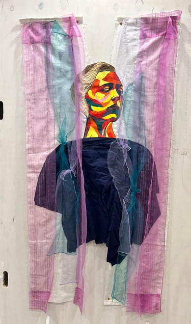 a painting of a woman with a colorful face and fabric draping around her body