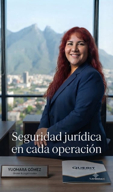 La asesora legal Yuomara Gómez en un traje azul sentada en una oficina con vista a una ciudad