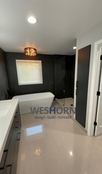 A bright, modern bathroom featuring sleek fixtures and a spacious walk-in shower.