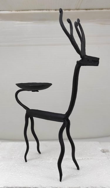 "Handcrafted tribal iron deer sculpture with oil lamp – Bastar traditional art-Fit for export"