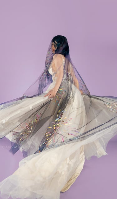 navy blue veil with firework painted streaks of bright multicolors