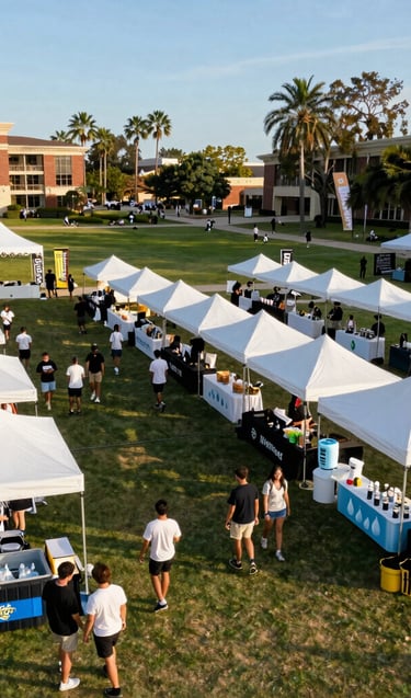 Vibrant photo of students enjoying wellness activities outdoors at Memory Mall during a sunny day