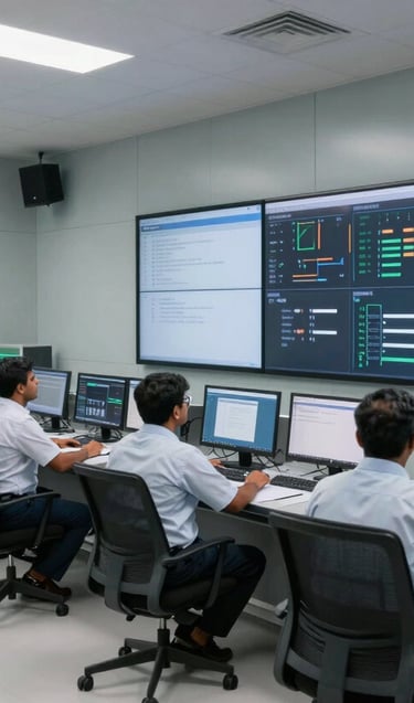 A wide shot of South Asian / Indian engineers monitoring large digital displays in a modern industrial control room at a facility like BHEL. The environment is clean and professional, using a palette of soft cloud grey and dark charcoal. The atmosphere is focused and authoritative.