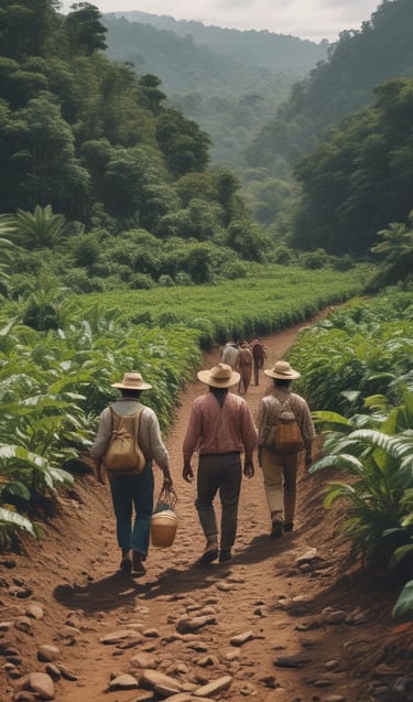 Slices of banana are generously sprinkled with cocoa powder on a white plate, accompanied by a cup containing a dark brown beverage. Cocoa beans are scattered on a wooden surface next to the plate, suggesting themes of chocolate and coffee.