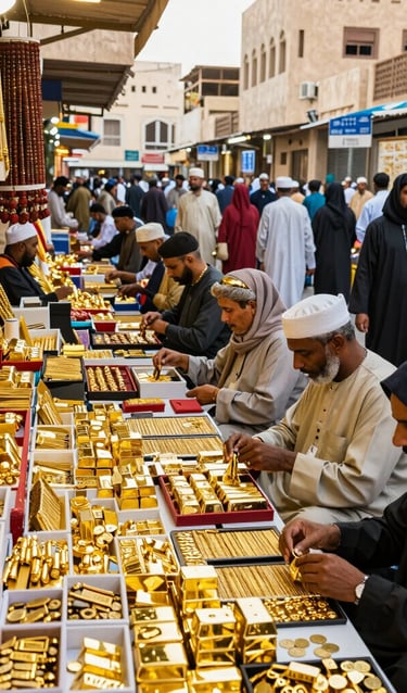 Jewelers showcasing gold bars and jewelry at a traditional Middle Eastern gold souk market.