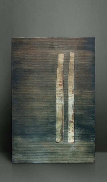 Abstract mixed media painting featuring textured horizontal lines and two vertical metallic strips.