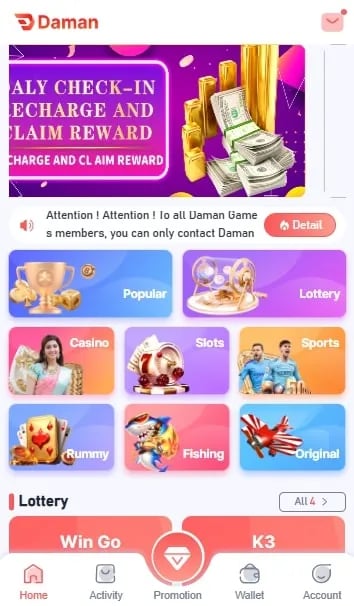 Daman Games app interface showing popular gaming categories like Casino, Slots, and Sports.