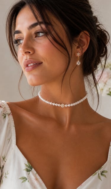 Woman wearing pearl choker necklace with floral dress, soft elegant look