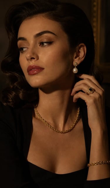 Elegant woman wearing vintage-style gold jewelry, pearl earrings, and a black dress in a dim setting.