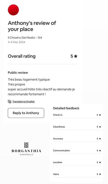 Schermata di una recensione ospite eccellente per BORGANTHIA con punteggio perfetto 5/5