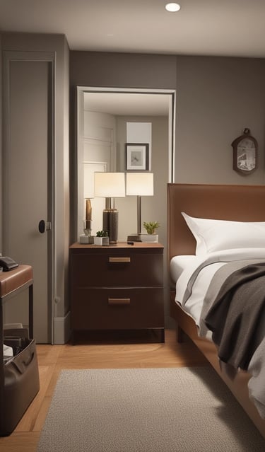 a bedroom with a bed and a nightstand