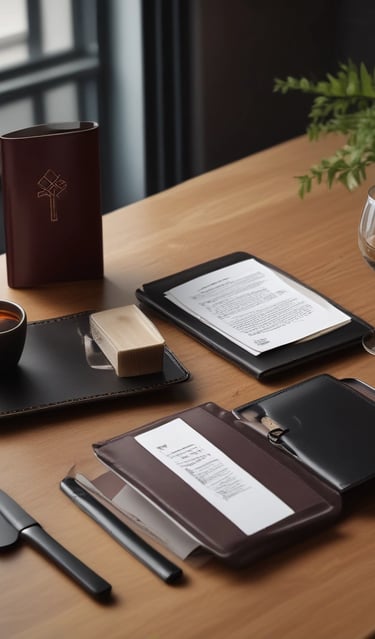 a table with a leather menu 