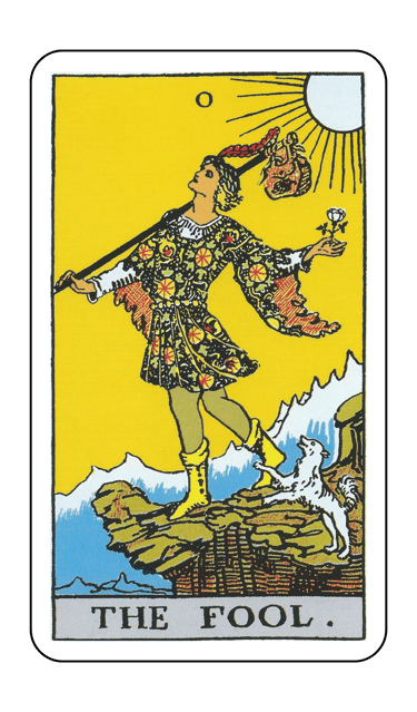 The Fool tarot card from the Rider-Waite deck featuring a traveler on a cliff with a white dog.
