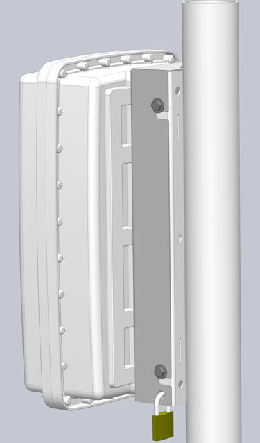 Rapidly deployable Plasdev enclosure pole mount or wall mount bracket in mounted position