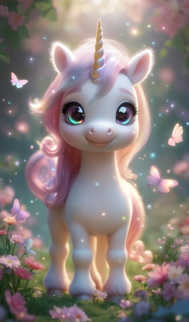 Cute unicorn with pink mane surrounded by butterflies