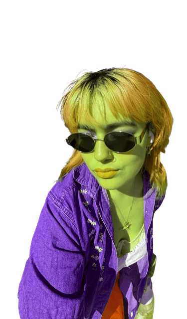 a woman with a purple jacket and sunglasses