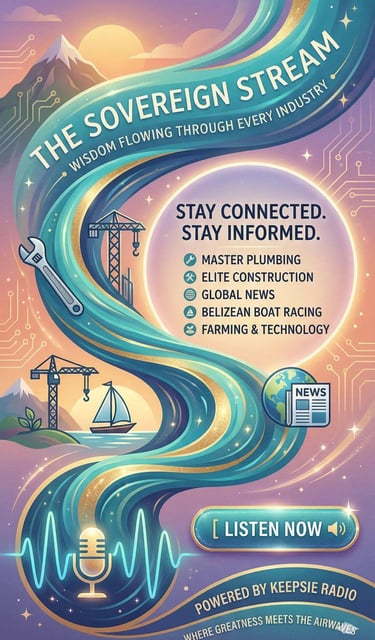 The Sovereign Stream podcast art featuring industry icons, a flowing blue stream, and news updates.