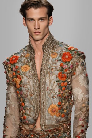 a man in a floral jacket made by Embroidered and Beaded Lace Fabricss