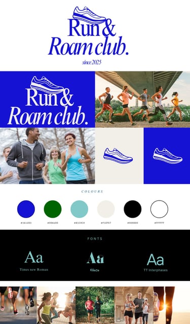 Run & Roam Club logo concept with colours, fonts, and running shoe icon.