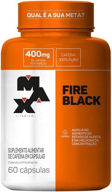 Suplemento Fire Black Max Titanium: cafeína pura para explosão e alerta.