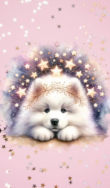 White dog on a pink start background