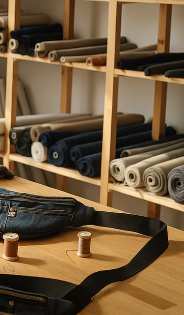plusieurs sacs banane fait main fait main avec du jean recyclé posés sur une table dans un atelier