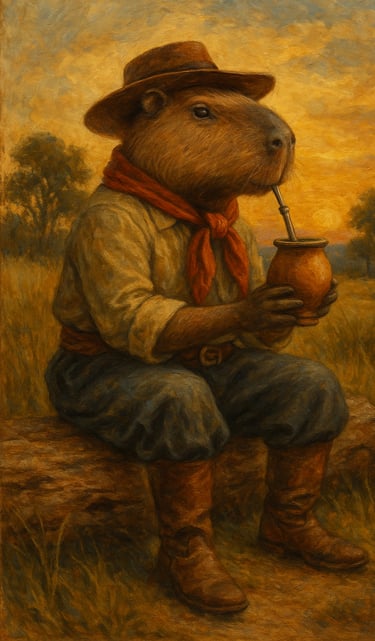 Uma imagem criada por inteligência artificial de uma capivara tomando chimarrão